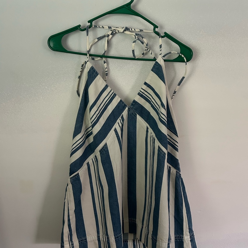 Striped Denim Blue and White V-Neck Spaghetti Strap/halter Tank Top